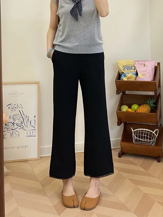 冰感黑色蕾丝边九分休闲裤女夏季薄款大码胖mm高腰弹力微喇阔腿裤