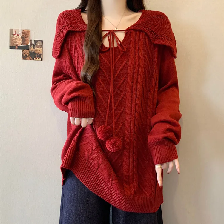 300斤大码女装秋冬时尚洋气宽松红色毛衣女胖mm慵懒风显瘦针织衫