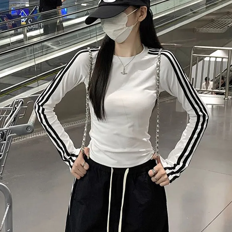 叁美式辣妹插肩袖打底上衣女2025春秋冬杠条修身显瘦内搭长袖T恤