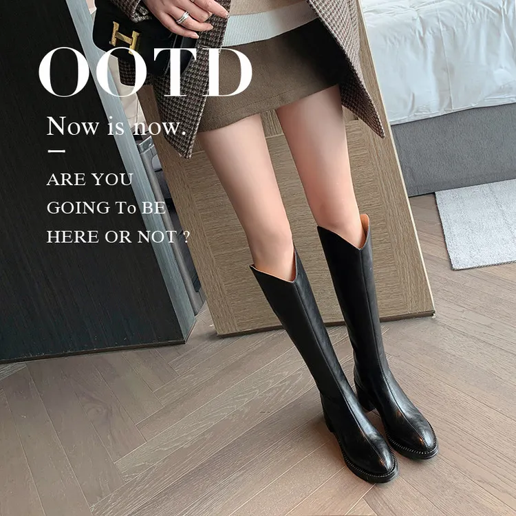 5cm/头层牛皮粗跟显瘦高筒靴2025年新款真皮大小筒长靴真皮长筒靴