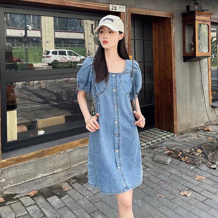 大码法式复古polo领收腰短裙设计感方领泡泡袖牛仔连衣裙8861