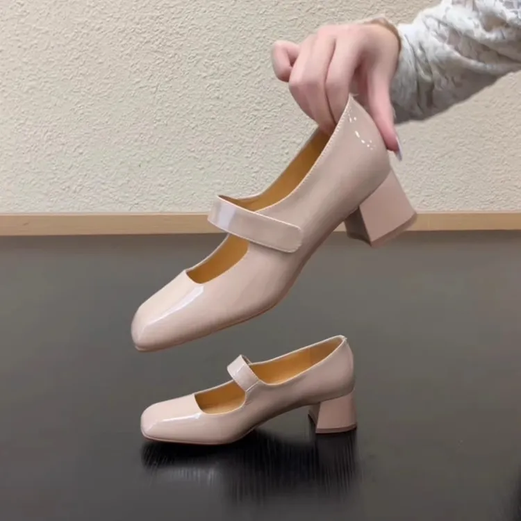 Elingjk/4cm方头粗跟一字带玛丽珍鞋舒适羊皮浅口显瘦气质小单鞋