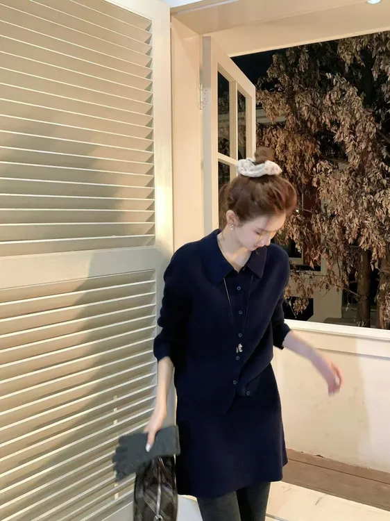 【芝士Cheese】假日茶叙  针织休闲百搭翻领时尚上衣+半裙两件套