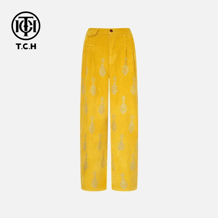 裤子TCH私服秋款慵懒风烫钻时尚淑女黄色休闲裤女T75C20E1122轻奢