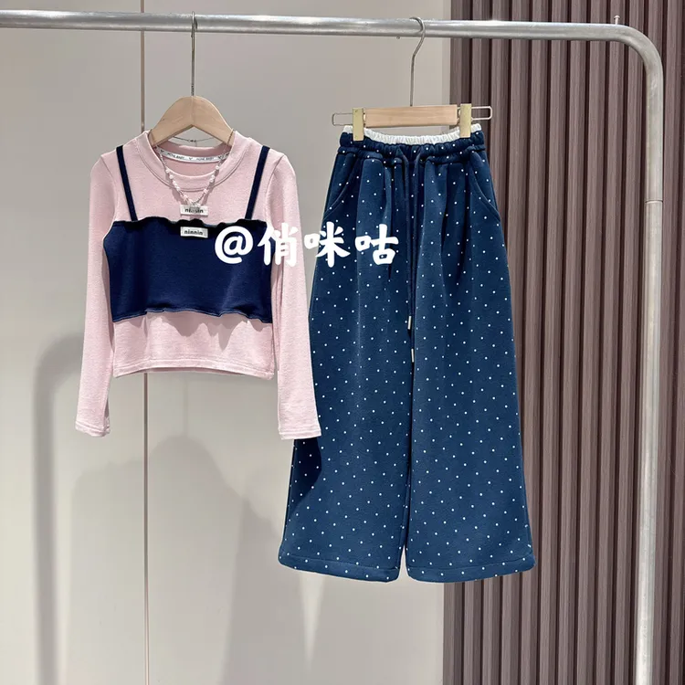 女童秋季新款时尚洋气假两件拼接上衣波点休闲裤两件套