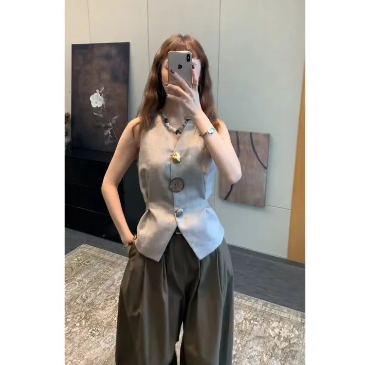 复古V领西装马甲女夏2025新款收腰马夹背心无袖上衣百搭阔腿裤