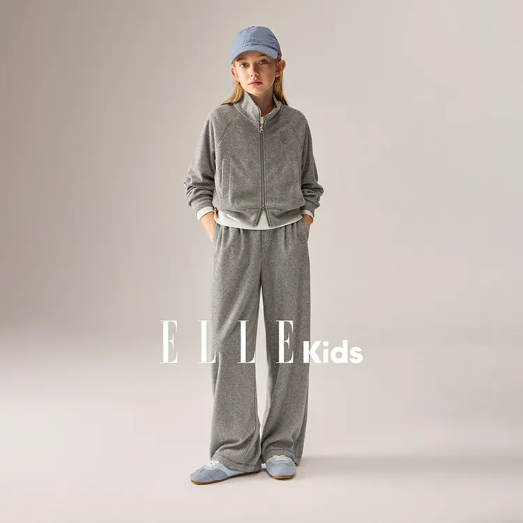 ELLE KIDS 复古休闲绣花套装女儿童秋季新款拉链卫衣+直筒长裤Q4