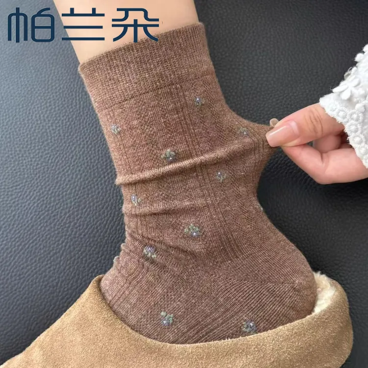 帕兰朵咖色碎花袜子女士中筒袜春秋棉袜复古配勃肯鞋堆堆袜女