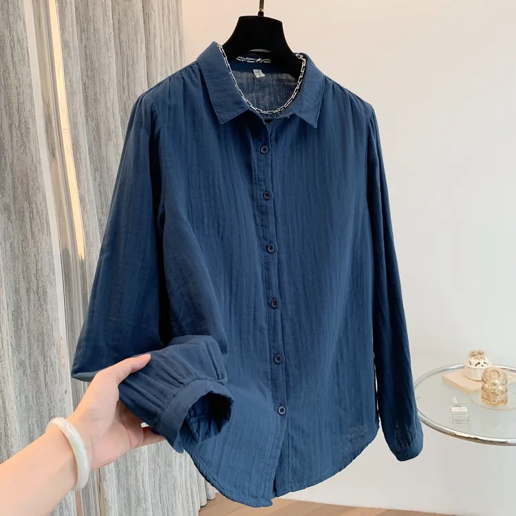 双层纱长袖女士衬衫湖蓝色柔软透气日常通勤百搭温柔气质秋季衬衣