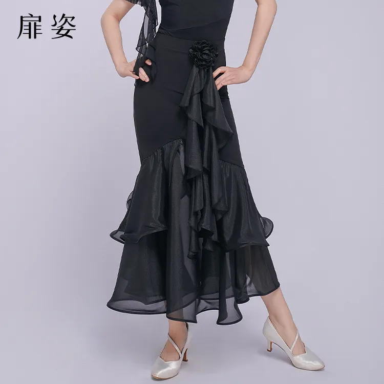 扉姿 摩登舞半身裙新款交谊舞中长裙练功裙松紧腰舞蹈包臀裙F2137