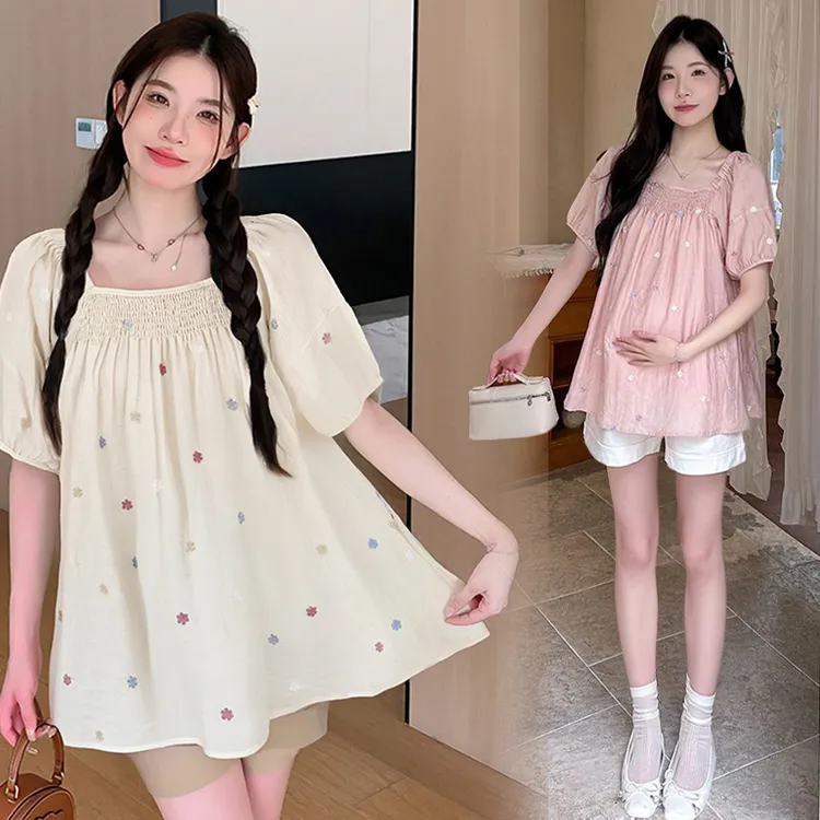 2026孕妇装衬衫上衣夏装新款刺绣花朵雪纺衬衣有里衬不透宽松休闲