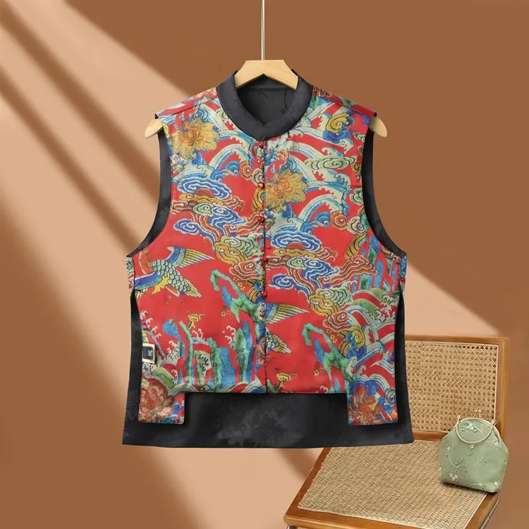 2025春季新中式双面穿马甲中国风国潮两面穿马夹复古印花立领坎肩