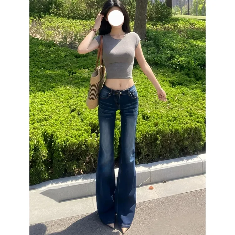 大码美式复古猫须微喇牛仔裤女2025夏季新款低腰显瘦马蹄拖地裤子