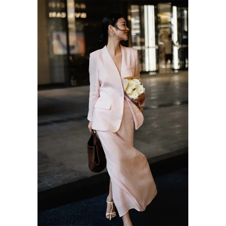 法式春夏女装亚麻极简风V领粉色西装长半裙气质套装松驰感两件套