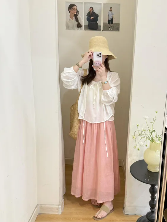 2025夏季新款韩系时尚薄款防晒气质衬衫上衣高腰粉色半身裙两件套