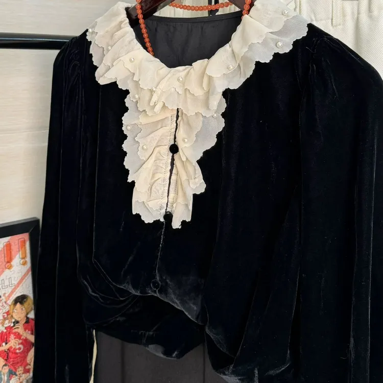 肉肉家*大码法式轻奢撞色花瓣衬衫上衣