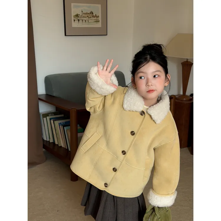 Harper kids韩版女童羊羔毛翻领单排扣保暖棉服外套 H25071128