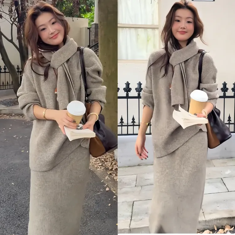 2025秋冬新款懒惰风松弛感宽松柔软舒适v领毛衣百搭舒适长裙套装