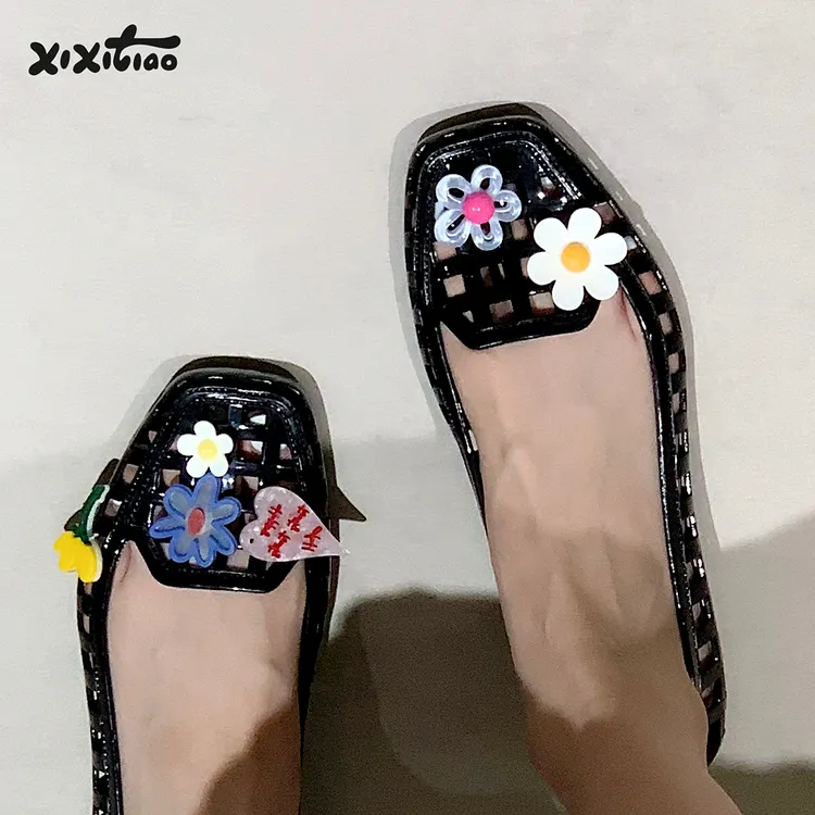 细细条 多巴胺彩色小花果冻鞋单鞋女夏仙女风外穿平底胶鞋水晶鞋