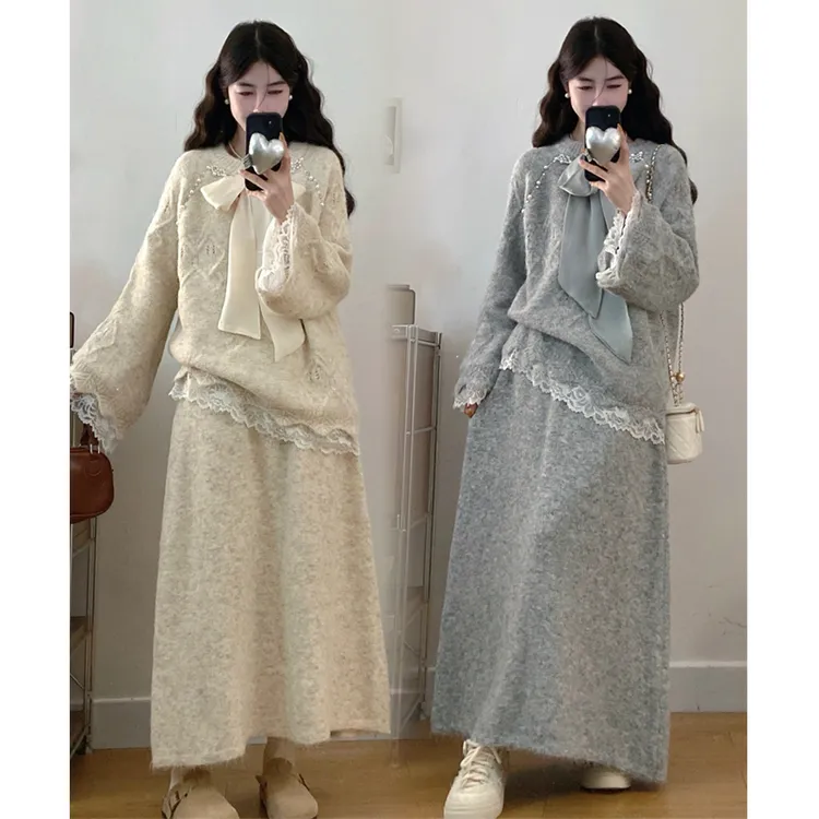 大码胖mm秋季新款慵懒风钉珠蝴蝶结蕾丝拼接毛衣半身裙两件套装女