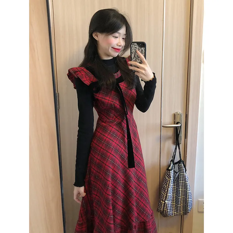 小众设计感假两件格纹拼接连衣裙2025春季新款时髦减龄显瘦A字裙