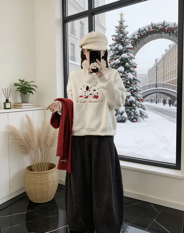 【加绒】刺绣圆领套头针织休闲卡通百搭宽松长袖卫衣68103