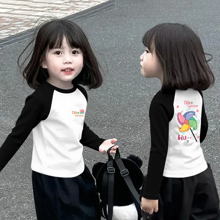 儿童插肩袖上衣撞色女童t恤长袖新款春秋季宝宝中大童打底衫