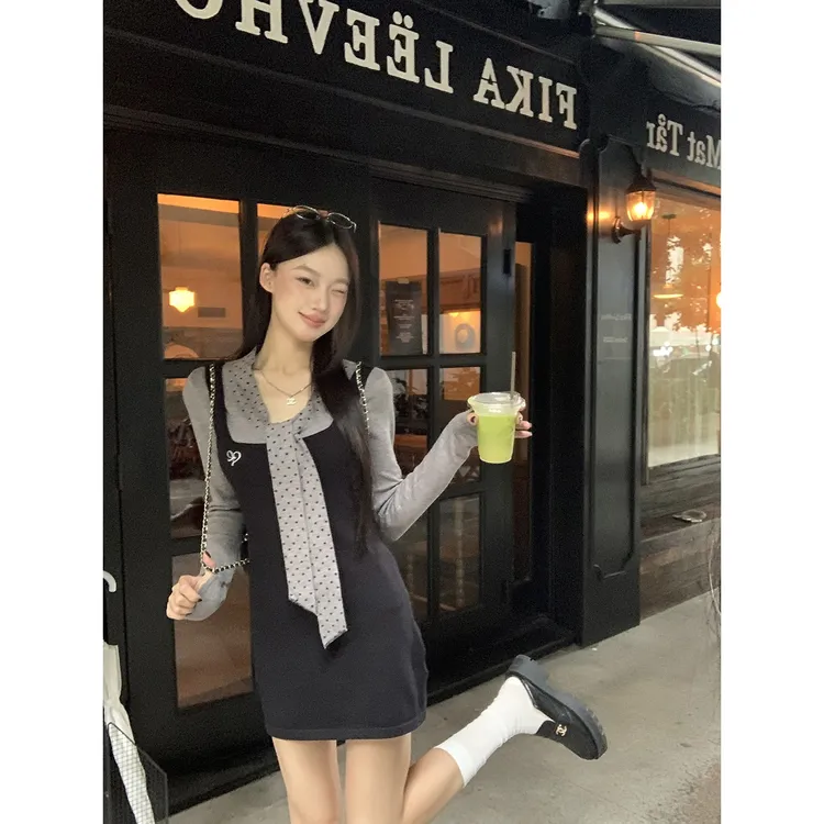 【英语老师毛衣】秋季ins韩系甜辣波点v领显瘦修身毛衣DJ1585