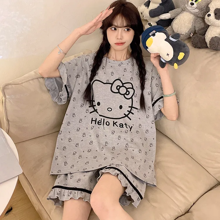 夏季睡衣女纯棉短袖短裤薄款可爱公主卡通大码学生家居服夏天套装