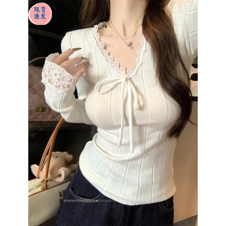 法式v领蕾丝边修身打底衫女内搭2026新款高级感长袖针织上衣H9-50