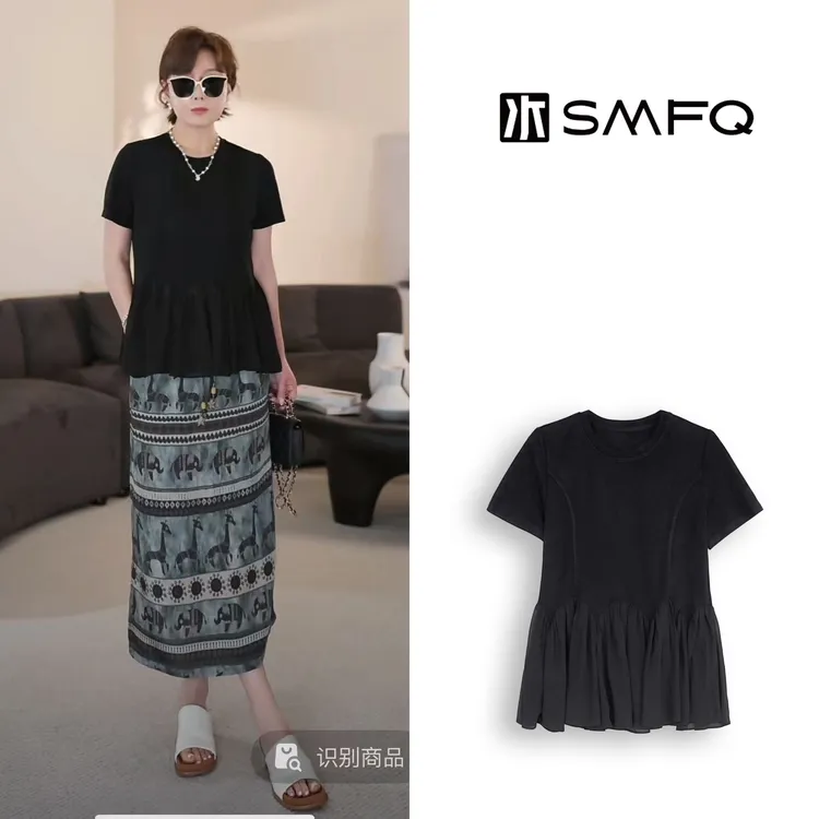 水木夫妻”涉谷画廊”醋酸夏季拼接显瘦短袖上衣女