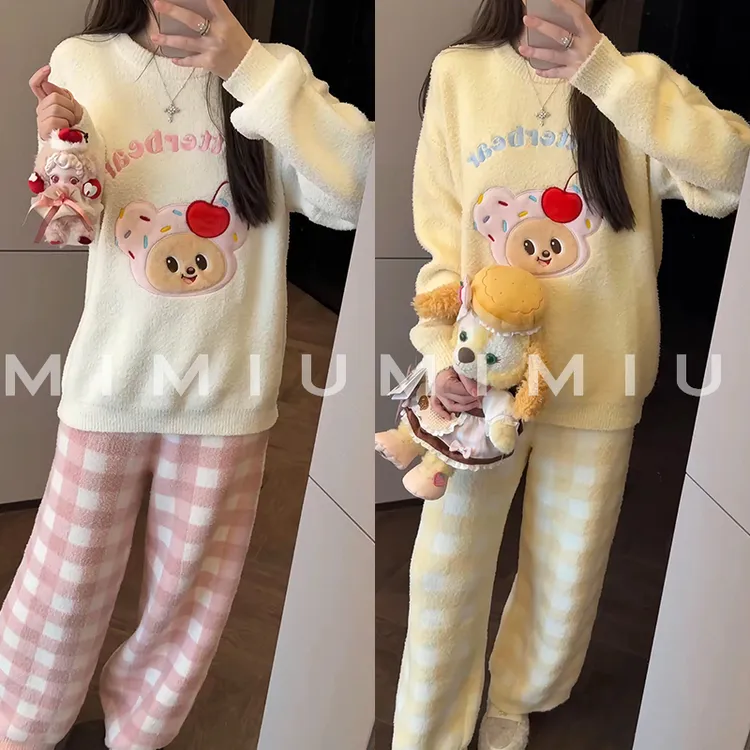 【mimius】P 可爱樱桃小熊加厚保暖半边绒家居服睡衣套装 WG09152
