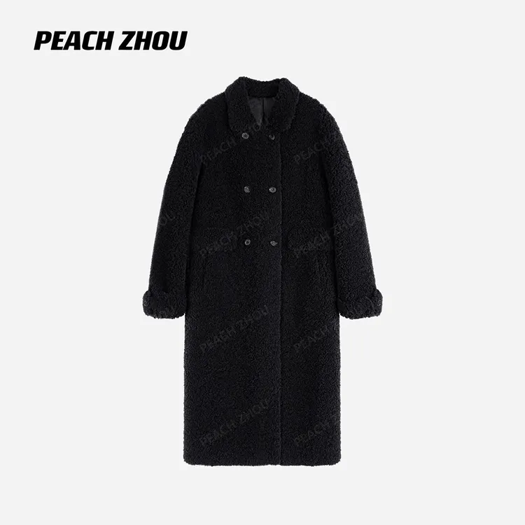 『PEACHZHOU』100羊毛双排扣高级感宽松翻领长款皮毛一体大衣外套