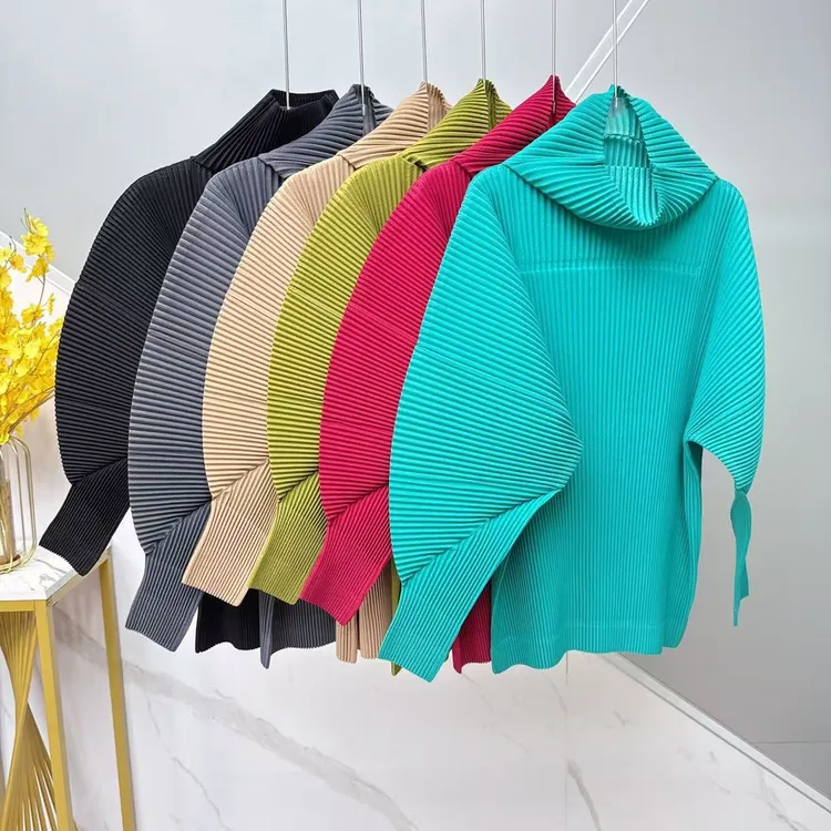 三宅依褶皱2025春秋新款褶压高领长袖粗牙签上衣时尚减龄舒适弹力