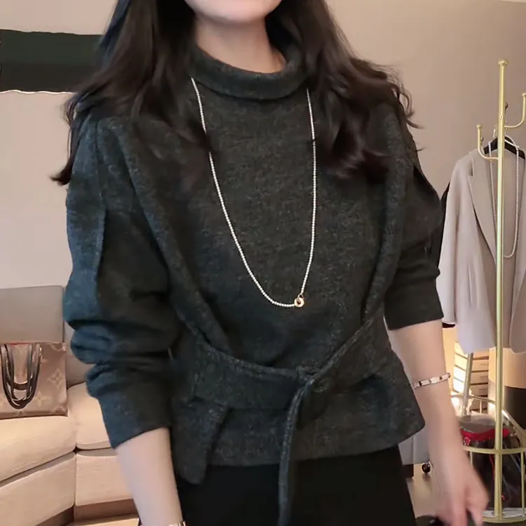 设计感气质腰带灰色收腰上衣2026新款女士时尚休闲显瘦立领小衫