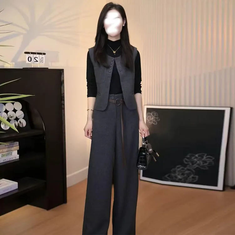 时尚套装女2025秋季新款时髦洋气长袖打底衫马甲阔腿裤气质三件套