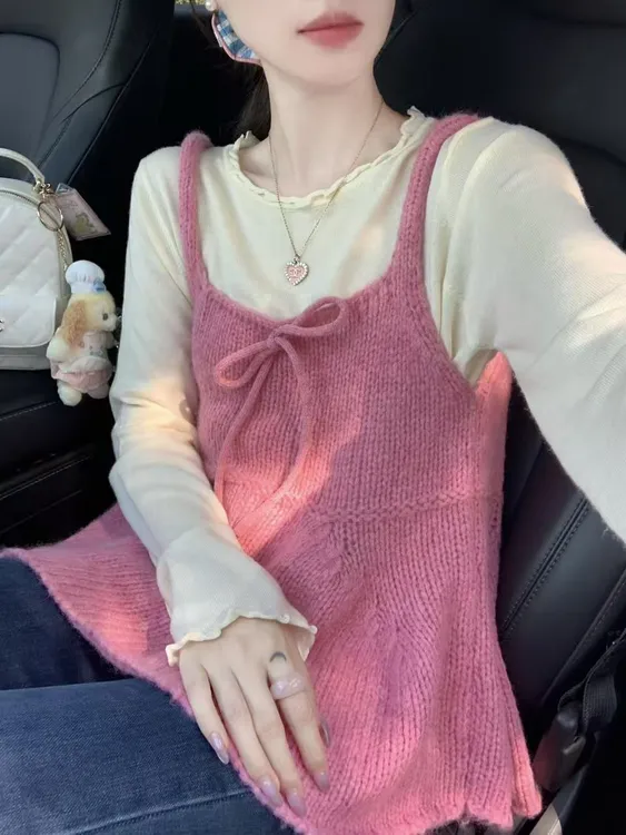 2025秋季新款韩系减龄玫粉色针织背心木耳边高领打底衫牛仔裤套装