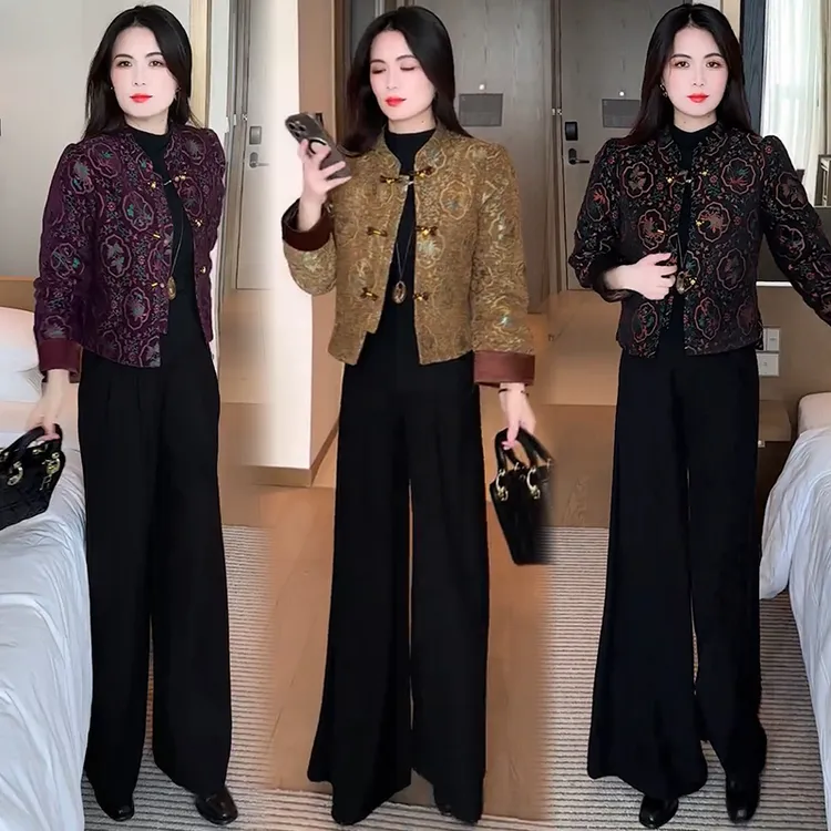 新中式时尚短外套套装冬季新款洋气显瘦国风提花夹棉保暖棉袄潮