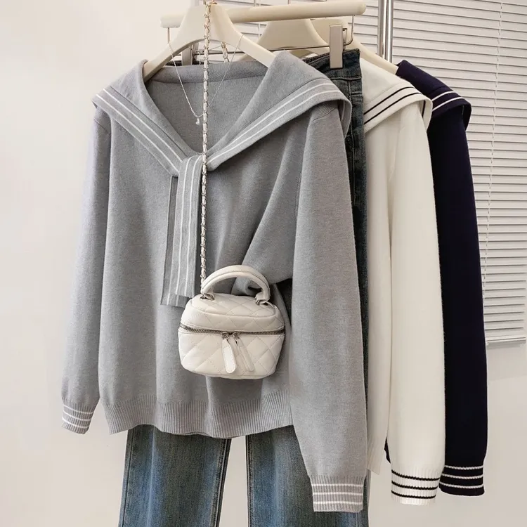 【80-200斤】海军领系带针织衫上衣女秋冬胖mm洋气减龄内搭大码毛衣