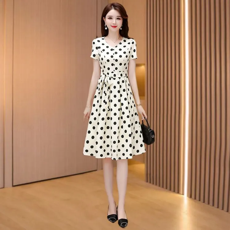 雪纺波点连衣裙2025夏季新款女法式气质修身显瘦收腰短袖领裙子