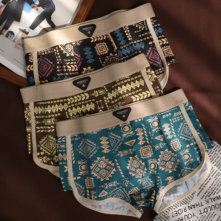 春夏新品男士复古图腾国潮内裤青少年个性男纯棉四角裤男生透气潮