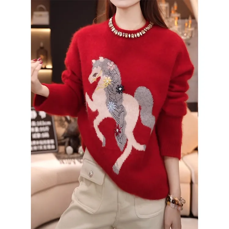 重工镶钻小马刺绣新年红针织衫女2026秋冬新款气质减龄小众上衣