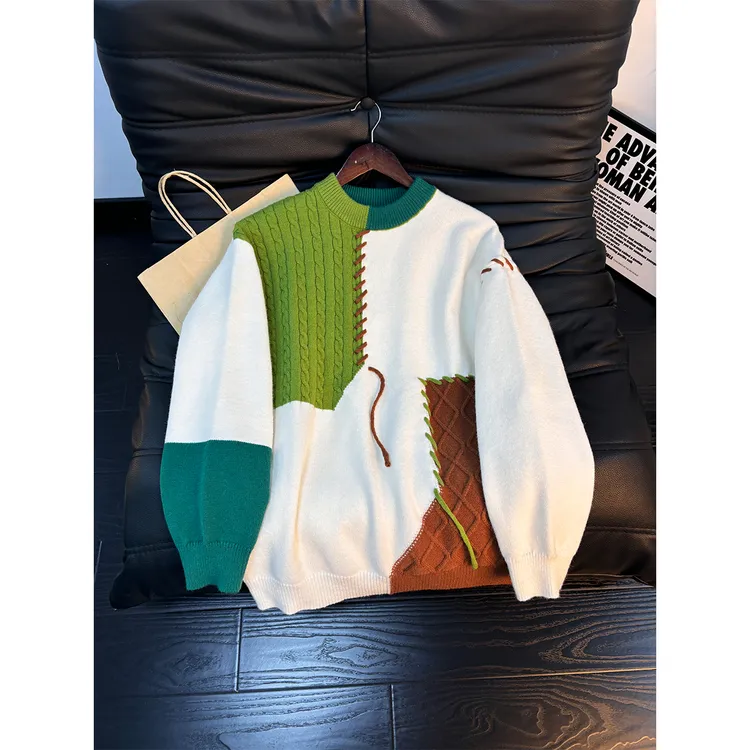 cleanfit拼接毛衣男秋冬季撞色圆领针织衫美式复古慵懒风情侣线衣