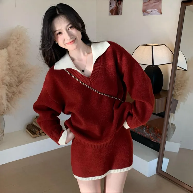 THE KEY【格拉冬日】韩版冬日氛围感/百搭撞色毛衣+半身裙两件套女