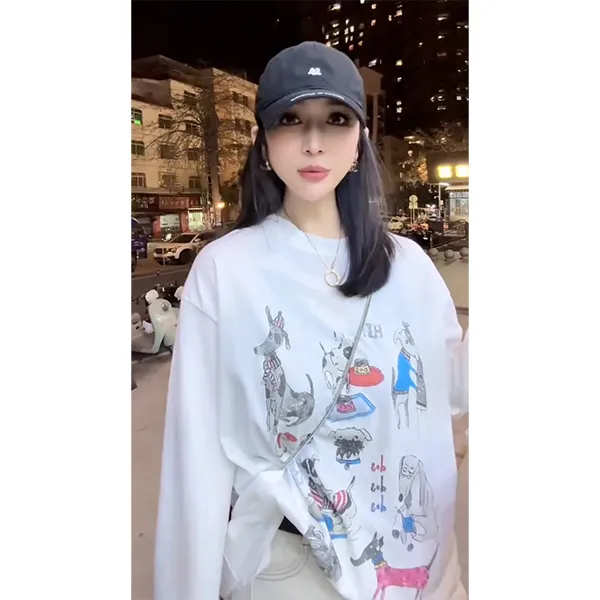 新款卡通印花宽松休闲百搭圆领薄款长袖防晒打底T恤女上衣