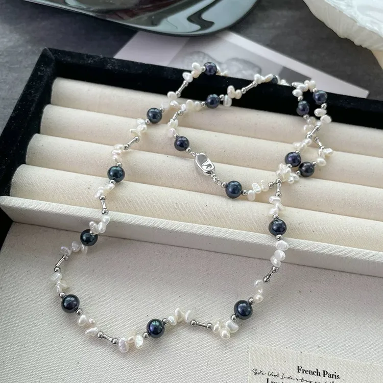 法式优雅不规则巴洛克混色串珠毛衣链