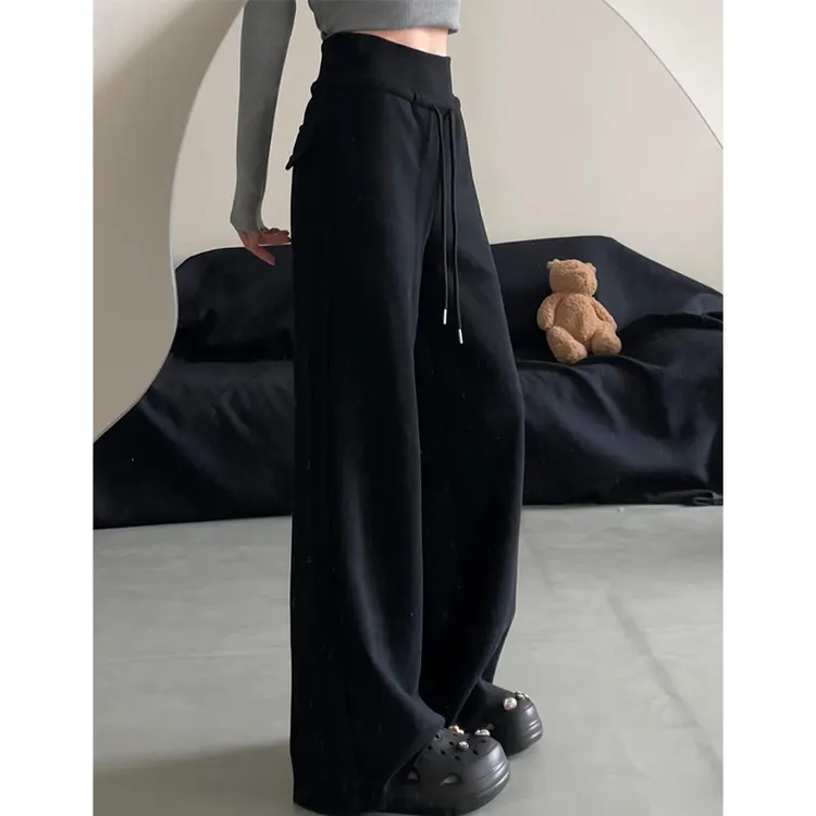 黑色运动裤女春秋冬胖mm大码休闲宽松垂感阔腿裤收腹直筒高腰卫裤