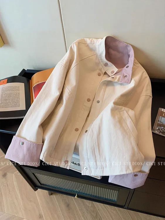 设计感撞色立领工装夹克外套女秋季2025新款宽松休闲气质简约上衣