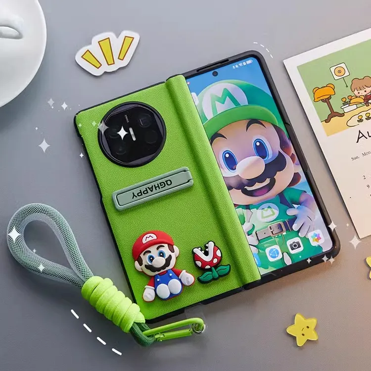 适用OPPOFindN5折叠屏手机壳膜一体绿色马里奥支架全包皮质保护套