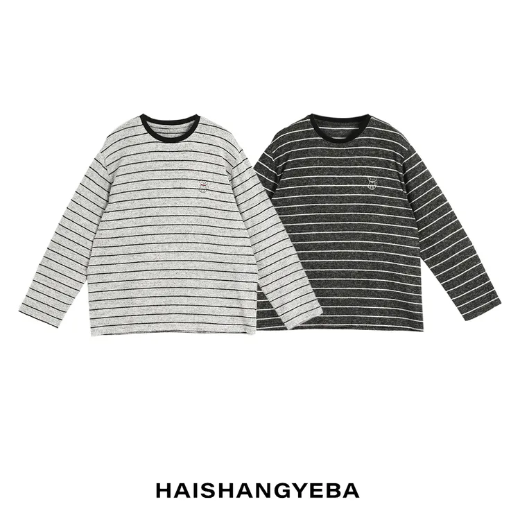 【海上叶爸】新款2025秋冬百搭粘胶圆领条纹猫咪休闲长袖T恤